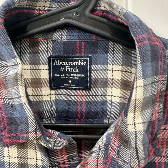 Abercrombie & Fitch Navy Red Flannel Plaid Shirt M Slim - Picture 3 of 5